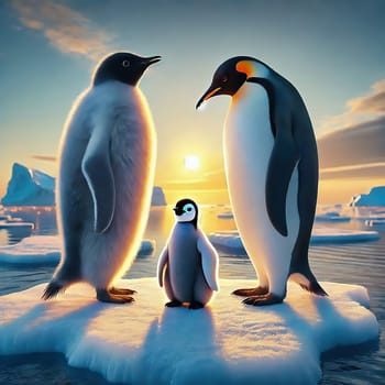 A penguin family portrait at sunset. Two adult penguins and a chick stand on an ice floe, surrounded by a majestic polar landscape.