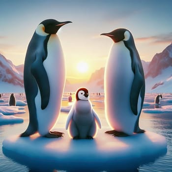 A penguin family portrait at sunset. Two adult penguins and a chick stand on an ice floe, surrounded by a majestic polar landscape.