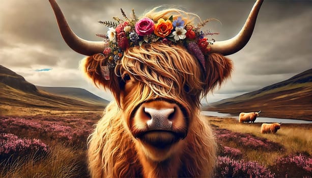 A majestic Highland cow with long horns and shaggy fur wears a colorful wreath of flowers on her head, set against a dark, rustic background.