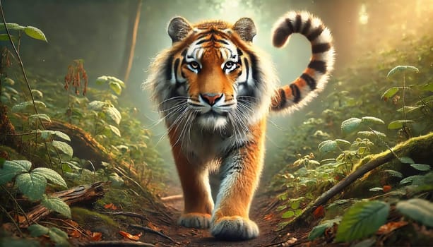 A majestic tiger strides through a dense, green jungle, surrounded by lush vegetation and mystical light that permeates the scene.