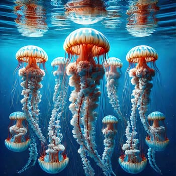 Glowing jellyfish in deep blue water, surrounded by delicate tentacles and shimmering light reflections, symbolizes the beauty and mysticism of the underwater world.