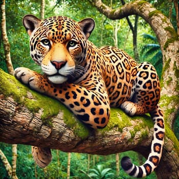 A majestic jaguar rests on a moss-covered branch in the dense, green rainforest. A perfect depiction of wilderness, nature and tropical beauty.