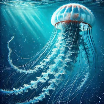 Glowing jellyfish in deep blue water, surrounded by delicate tentacles and shimmering light reflections, symbolizes the beauty and mysticism of the underwater world.