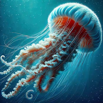 Glowing jellyfish in deep blue water, surrounded by delicate tentacles and shimmering light reflections, symbolizes the beauty and mysticism of the underwater world.