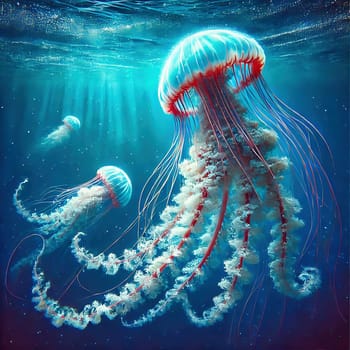 Glowing jellyfish in deep blue water, surrounded by delicate tentacles and shimmering light reflections, symbolizes the beauty and mysticism of the underwater world.