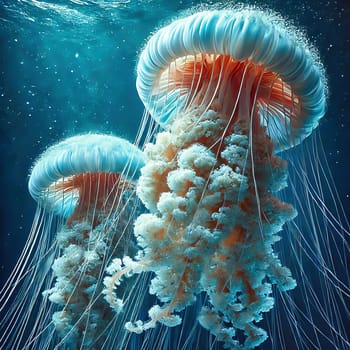 Glowing jellyfish in deep blue water, surrounded by delicate tentacles and shimmering light reflections, symbolizes the beauty and mysticism of the underwater world.