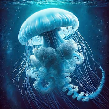 Glowing jellyfish in deep blue water, surrounded by delicate tentacles and shimmering light reflections, symbolizes the beauty and mysticism of the underwater world.