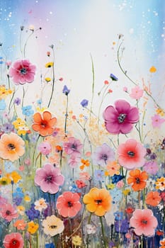 A vibrant field of flowers showcases a variety of colors, including pink, orange, and purple blooms, under a bright blue sky in spring - Generative AI