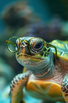 Cute little green turtle with glasses, Generative AI, animals