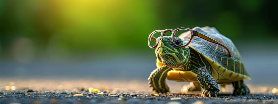 Cute little green turtle with glasses, Generative AI, animals