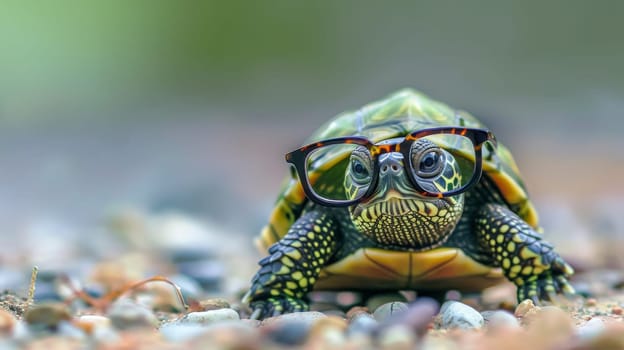 Cute little green turtle with glasses, Generative AI, animals