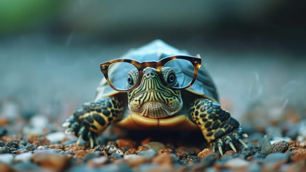 Cute little green turtle with glasses, Generative AI, animals