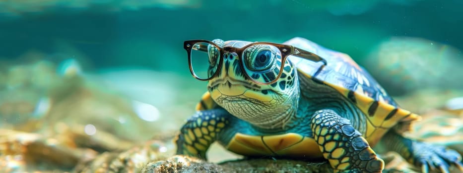 Cute little green turtle with glasses, Generative AI, animals