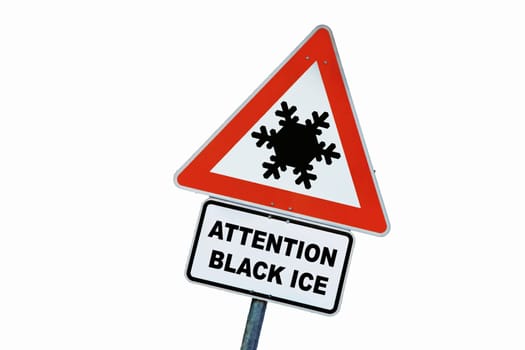 Schild mit Achtung Glatteis auf einem weißen Hintergrund für einen Gehweg oder Straße im Winter
