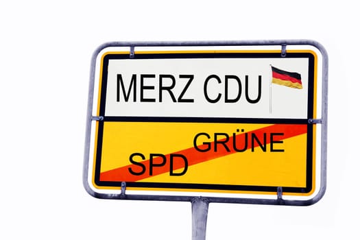 Schild mit Merz CDU und durchgestrichene SPD und Grüne in Deutschland