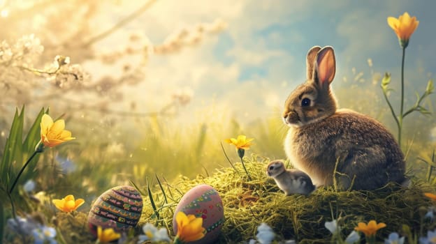 Easter Little bunny and colored eggs on the ground, Generative AI, holidays