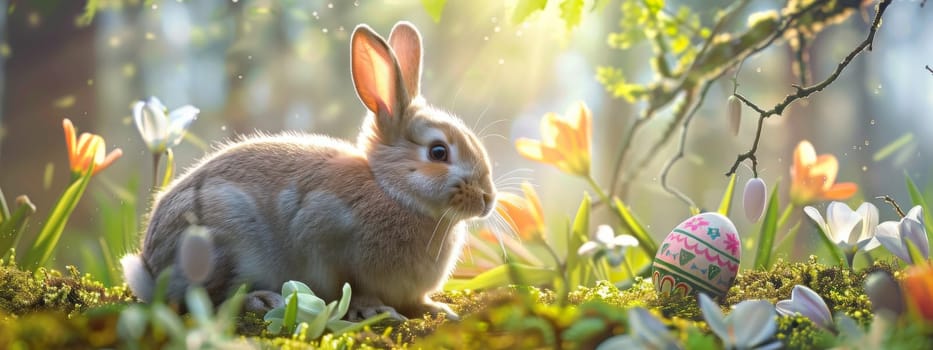 Easter Little bunny and colored eggs on the ground, Generative AI, holidays
