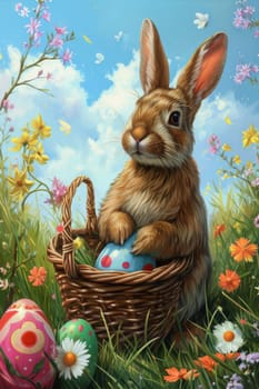 Easter Little bunny and colored eggs on the ground, Generative AI, holidays