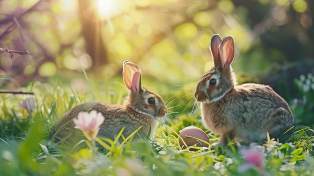 Easter Little bunny and colored eggs on the ground, Generative AI, holidays