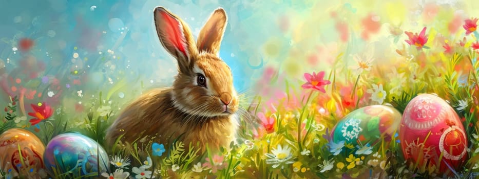 Easter Little bunny and colored eggs on the ground, Generative AI, holidays