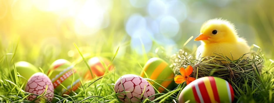 Easter Little bunny and colored eggs on the ground, Generative AI, holidays