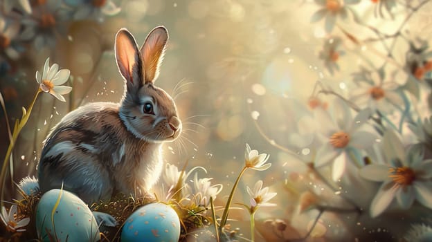Easter Little bunny and colored eggs on the ground, Generative AI, holidays