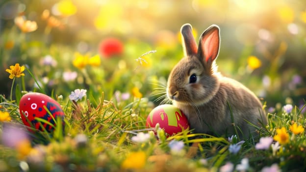 Easter Little bunny and colored eggs on the ground, Generative AI, holidays