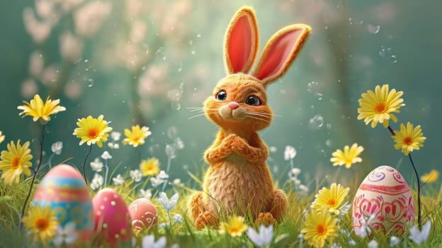 Easter Little bunny and colored eggs on the ground, Generative AI, holidays