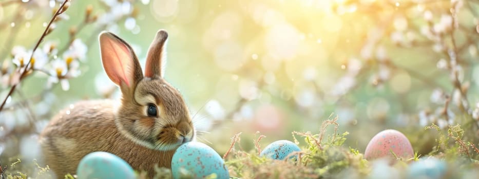 Easter Little bunny and colored eggs on the ground, Generative AI, holidays