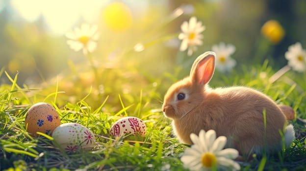 Easter Little bunny and colored eggs on the ground, Generative AI, holidays