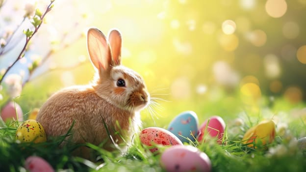 Easter Little bunny and colored eggs on the ground, Generative AI, holidays