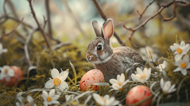 Easter Little bunny and colored eggs on the ground, Generative AI, holidays