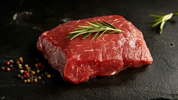 Raw pork meat on a wooden board with rosemary, Generative AI, food