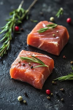 Raw pork meat on a wooden board with rosemary, Generative AI, food