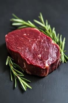 Raw pork meat on a wooden board with rosemary, Generative AI, food