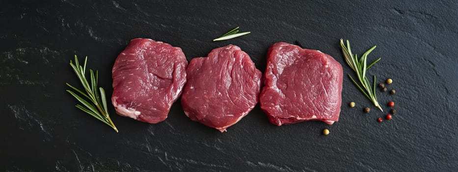 Raw pork meat on a wooden board with rosemary, Generative AI, food