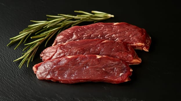 Raw pork meat on a wooden board with rosemary, Generative AI, food