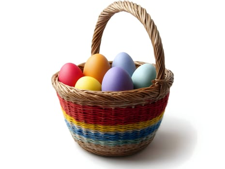 A festive wicker basket filled with vibrantly painted Easter eggs in pastel colors. The bright and cheerful composition symbolizes Easter traditions, celebration, and seasonal joy.