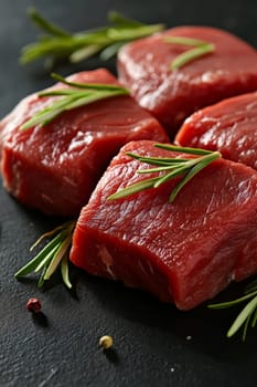 Raw pork meat on a wooden board with rosemary, Generative AI, food