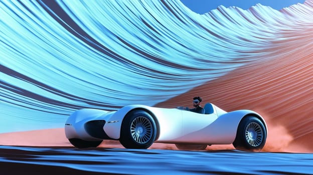 Businessman is driving a futuristic sports car through a surreal desert landscape, representing the concept of speed, luxury, and advanced technology