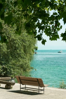 Idyllically situated bench on the island of Mainau on the shores of Lake Constance in Germany