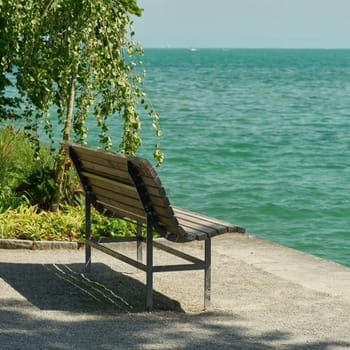 Idyllically situated bench on the island of Mainau on the shores of Lake Constance in Germany
