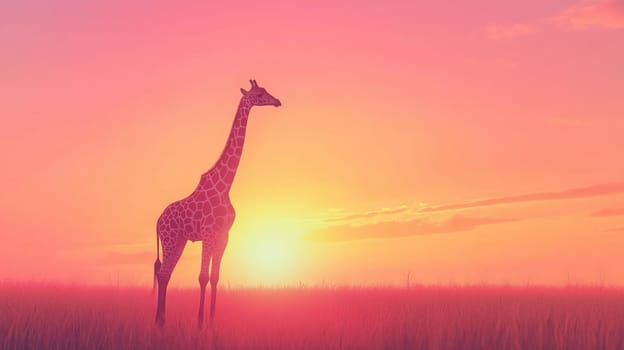 Giraffe silhouette in the savanna at sunset with a pink sky