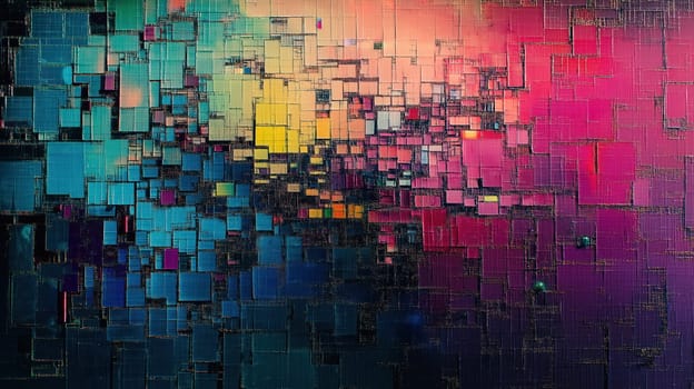 Digital glitch mosaic with colorful gradient, abstract texture of distorted pixels and blocks