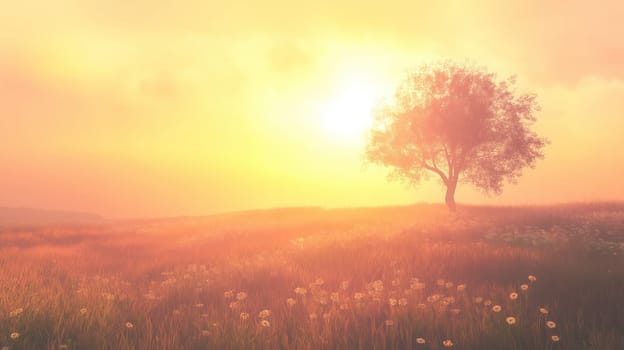 Beautiful sunset landscape with a lone tree in a grassy field