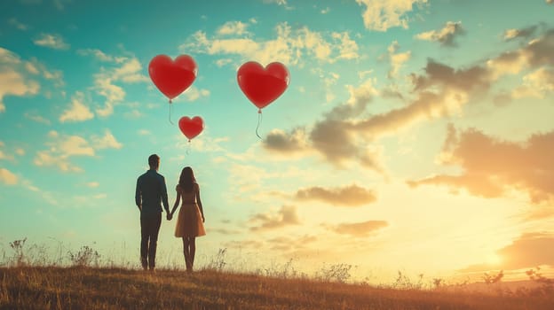 Romantic couple holding hands under the sunset sky with red heart-shaped balloons floating in the air