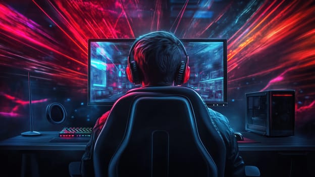 Back view of a gamer sitting at a computer desk with neon lighting, gaming setup, and immersive visuals