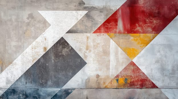 Abstract geometric mural on a grunge concrete wall with colorful shapes and textured surface