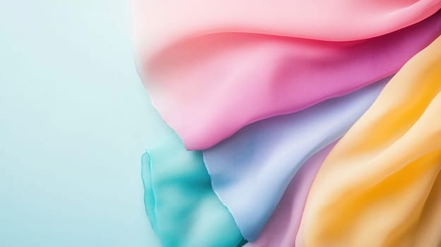 Soft pastel silk fabric in pink, yellow, and blue tones, flowing gently and creating a smooth abstract pattern