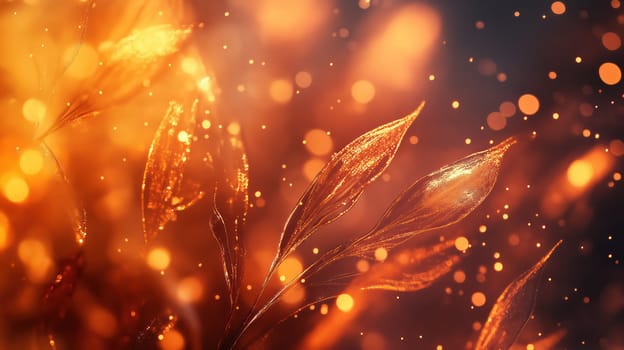 Abstract glowing golden leaves with sparkling bokeh and warm light, creating a dreamy, festive atmosphere